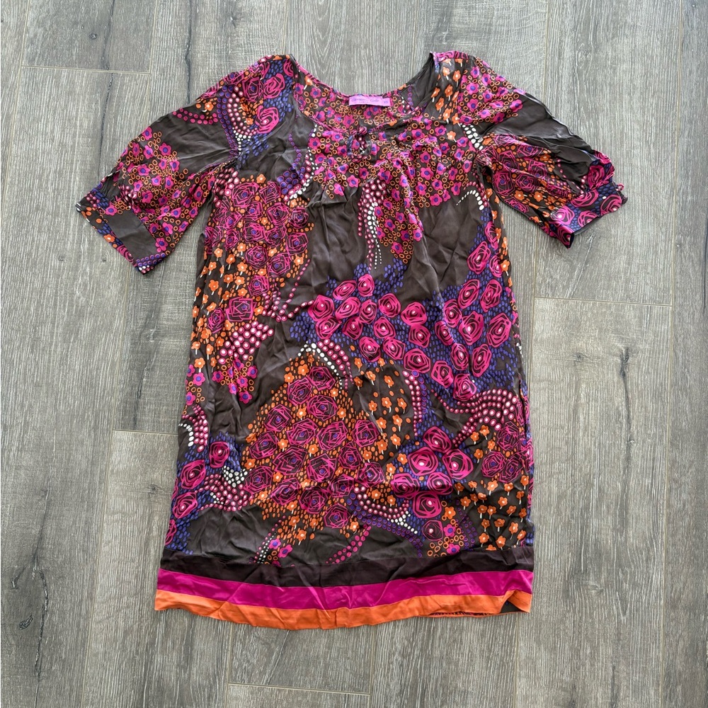 Calypso St Barth Christine Celle SILK Brown Pink Floral Print Dress XSmall